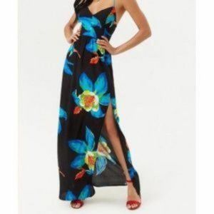 FOREVER 21 CROSSBACK FLORAL BLACK/BLUE MAXI DRESS